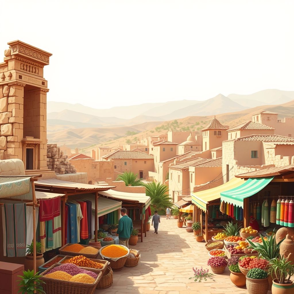 Ultra-high-definition gradient illustration of Commune d’Aïn el Hadjel, featuring ancient ruins, traditional architecture, markets, and Algerian cuisine like couscous and tagine.