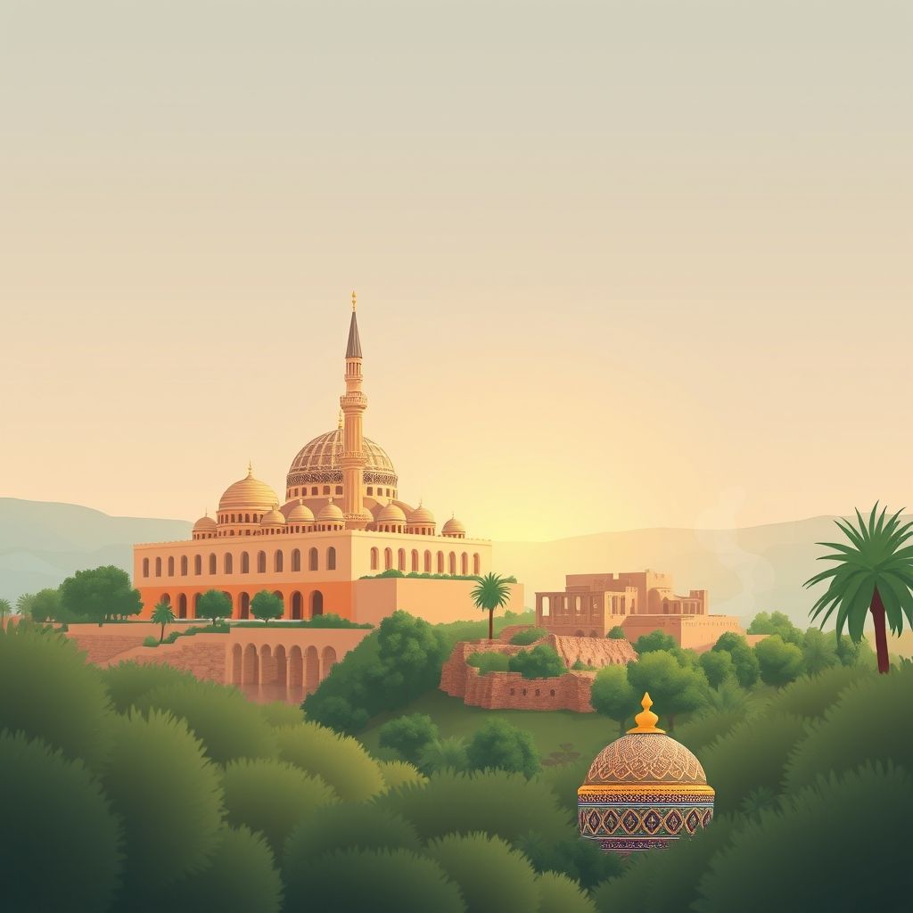 Ultra-high-definition gradient illustration of Commune d’Aïn el Berd, featuring the Great Mosque of Tlemcen, historic ruins of Mansourah, traditional ceramics, and couscous.