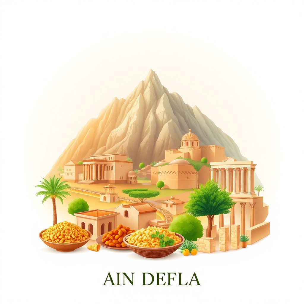 Ultra-high-definition gradient illustration style Ain Defla artwork, featuring the historic Djebel Righa mountains, ancient Roman ruins, and traditional Algerian cuisine.