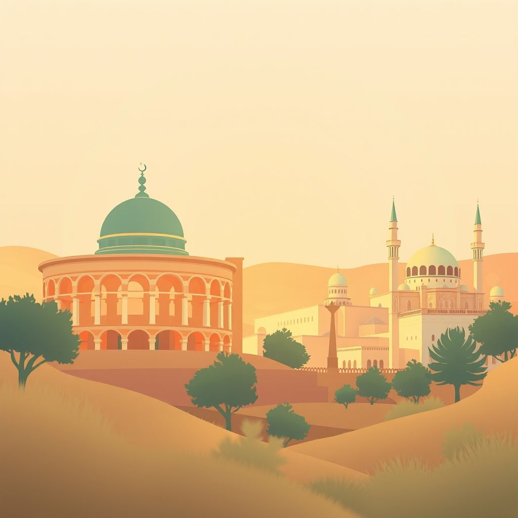 Ultra-high-definition gradient illustration of Aïn Charchar, featuring the Roman Theatre of Guelma, historic mosques, and local dishes like couscous and mechoui.