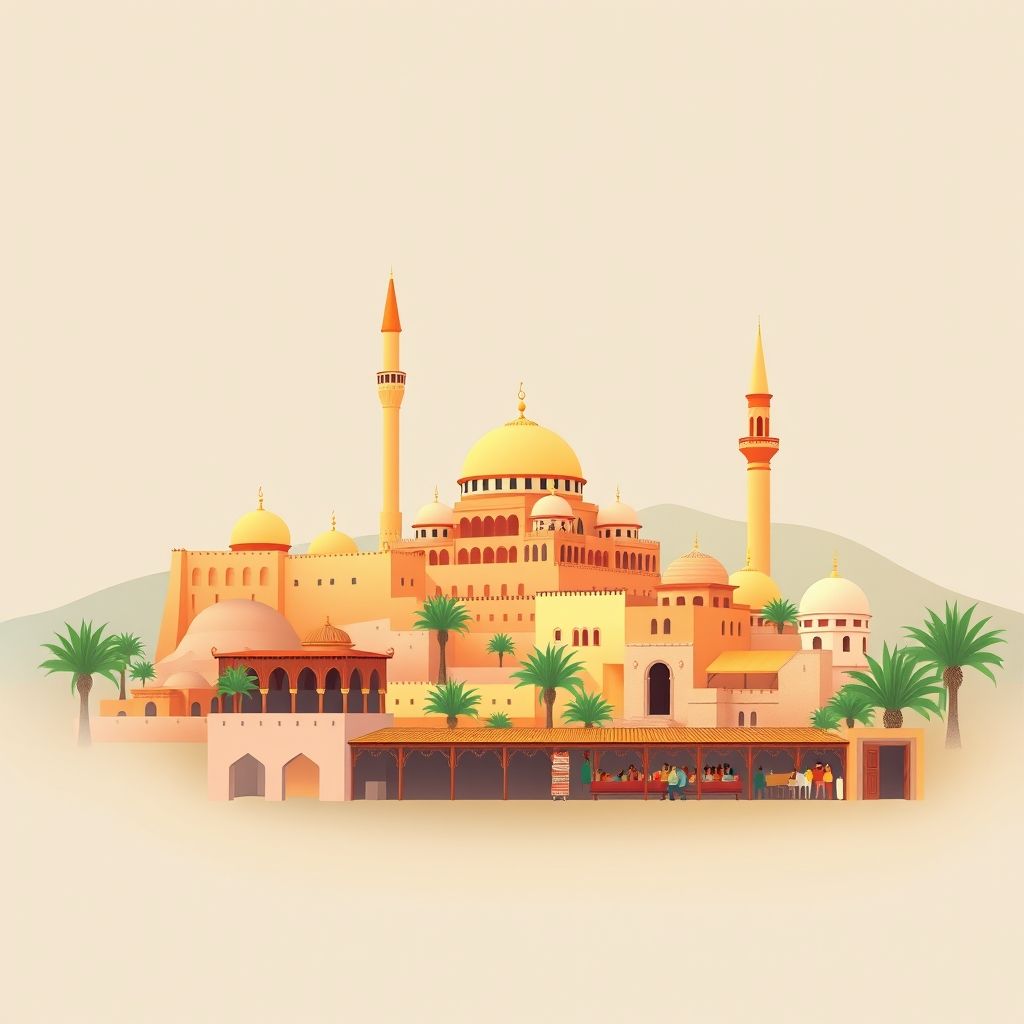 Ultra-high-definition gradient illustration of Commune d’Aïn Boucif, featuring historic mosques, traditional markets, ancient ruins, and Algerian architecture, with subtle local food elements.