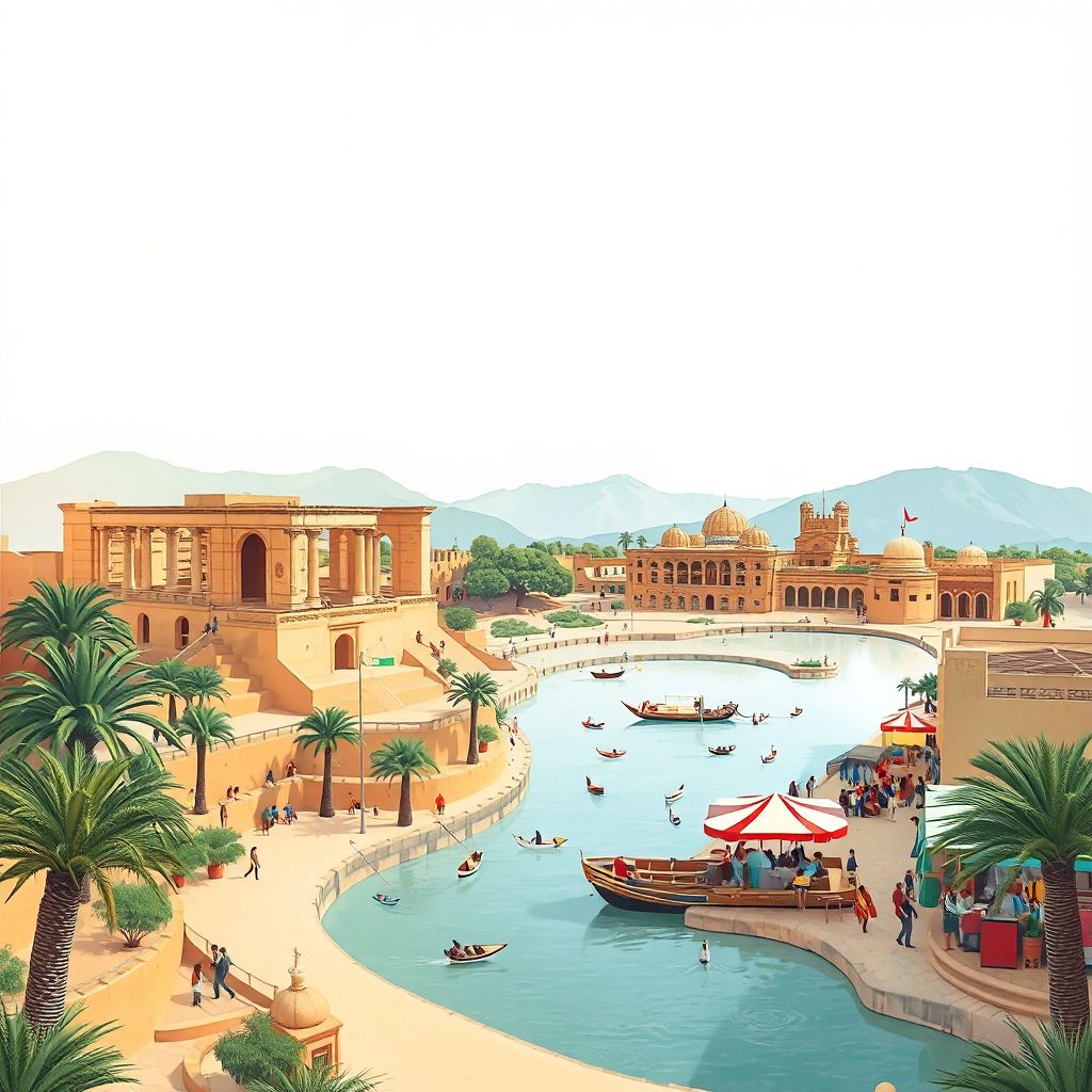 Ultra-high-definition gradient illustration of Daira d'Ain Beida, featuring the Roman ruins of Madauros, Ain Beida Lake, and local markets.