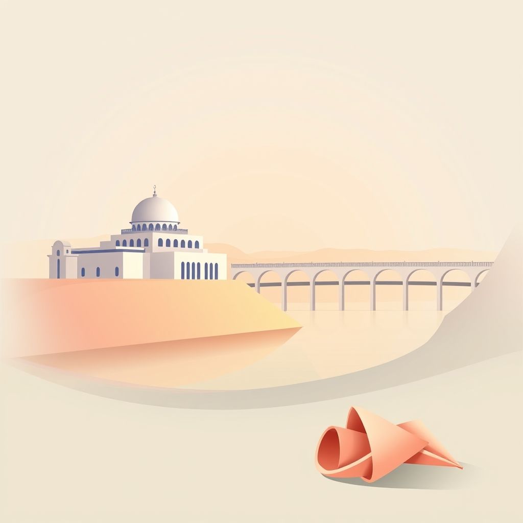 Gradient illustration of Commune d’Aïn Abid, Algeria, featuring the Cirta Museum, Constantine bridges, and Makroudh.