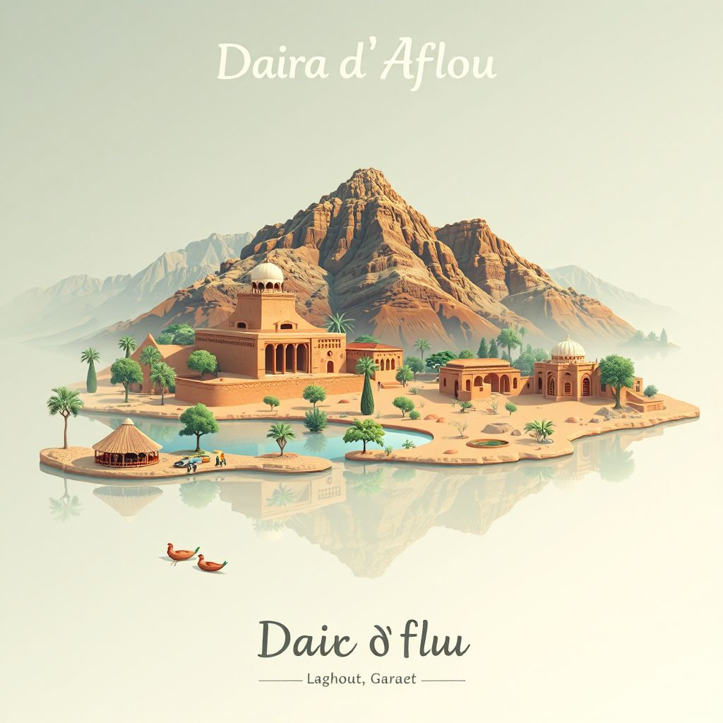 Ultra-high-definition gradient illustration of Daira d'Aflou, Laghouat, Algeria, featuring the ancient ruins of Djebel Amour, Lake Garaet, and traditional Berber textiles.