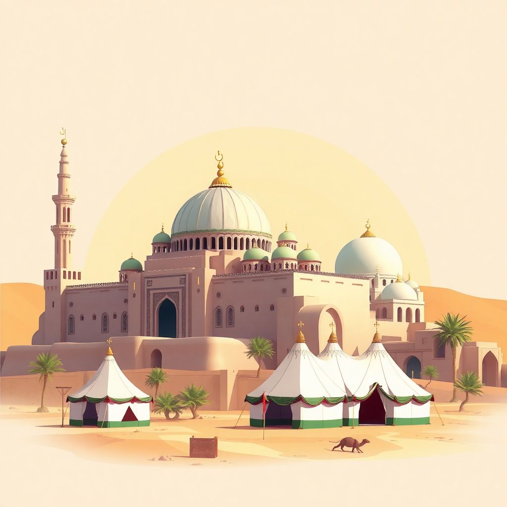 Ultra-high-definition gradient illustration style Adrar illustration, showing the unique charm of the Grand Mosque of Timimoun, the Sahara Desert, and traditional Tuareg tents.