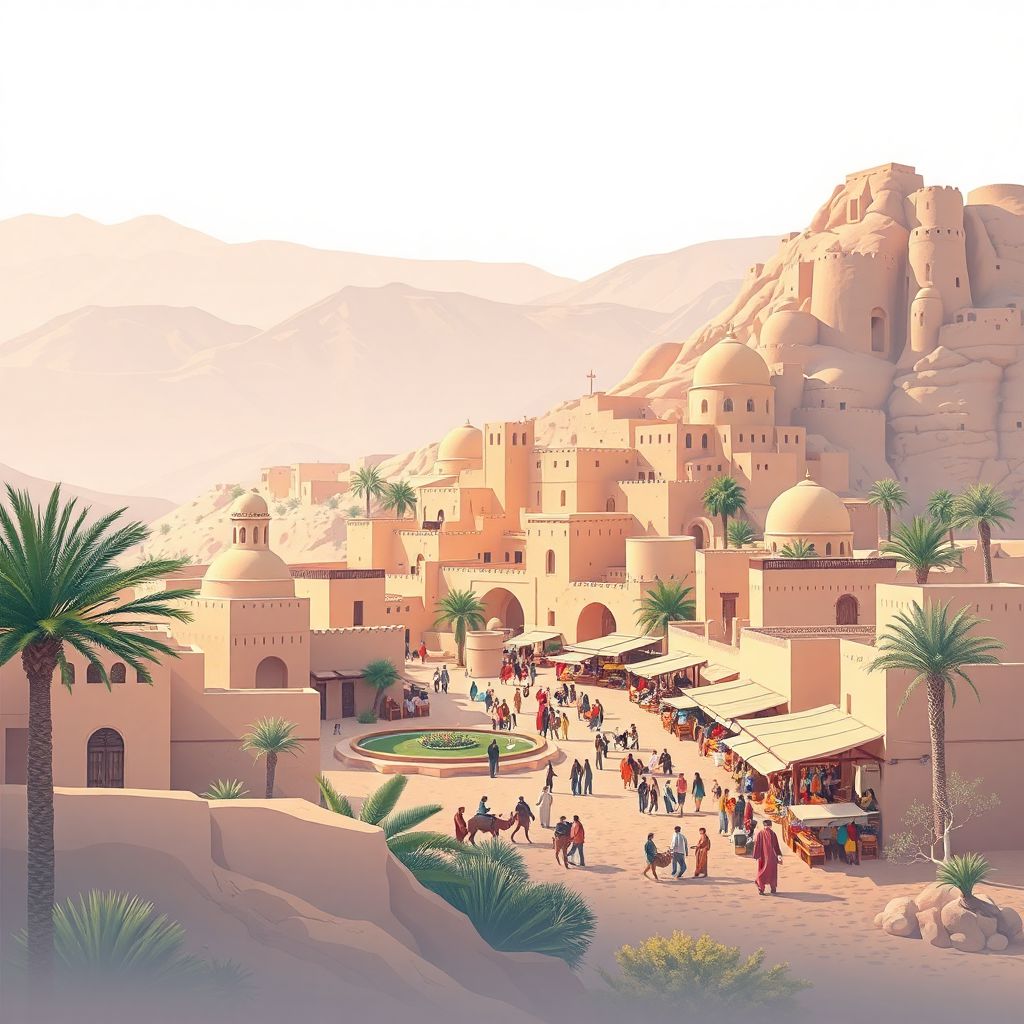 Ultra-high-definition gradient illustration style Adrar illustration, showing the unique charm of the Timimoun Oasis, ancient ksars, and local markets.
