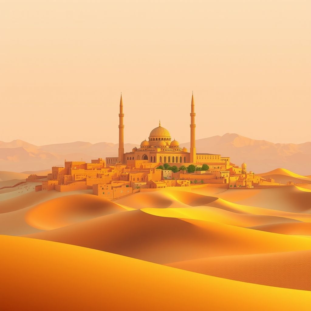 High-definition gradient illustration of Commune d’Adrar, Algeria, featuring the Great Mosque of Tamentit, ancient ksour, Sahara Desert sand dunes, and couscous.