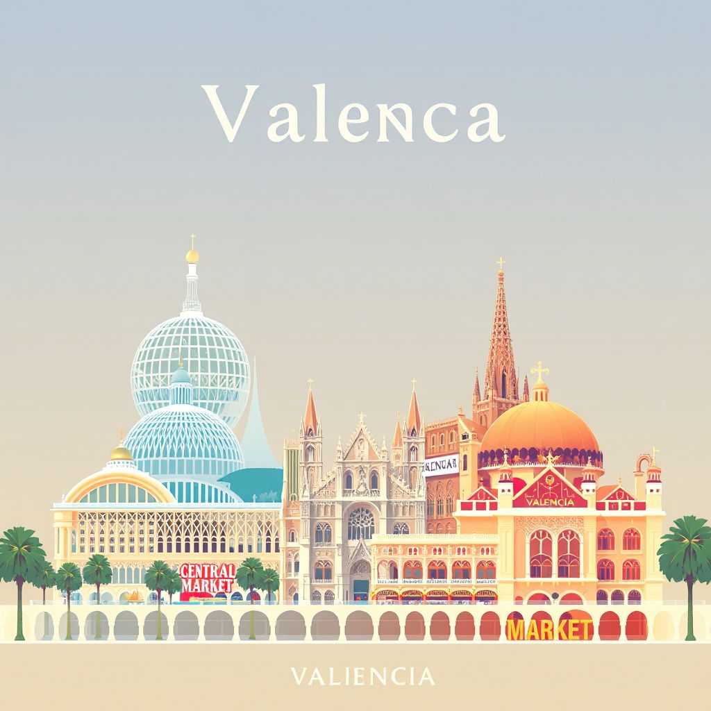 Ultra-high-definition gradient illustration style Valencia illustration, showing the unique charm of the City of Arts and Sciences, Valencia Cathedral, and the Central Market.