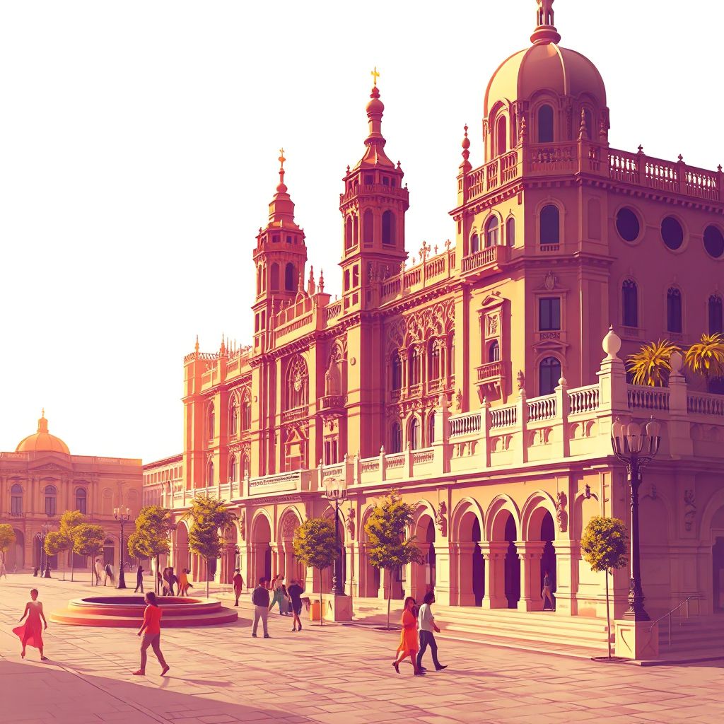 Ultra-high-definition gradient illustration of Seville, featuring the Seville Cathedral, Alcázar of Seville, flamenco dance, and gazpacho.