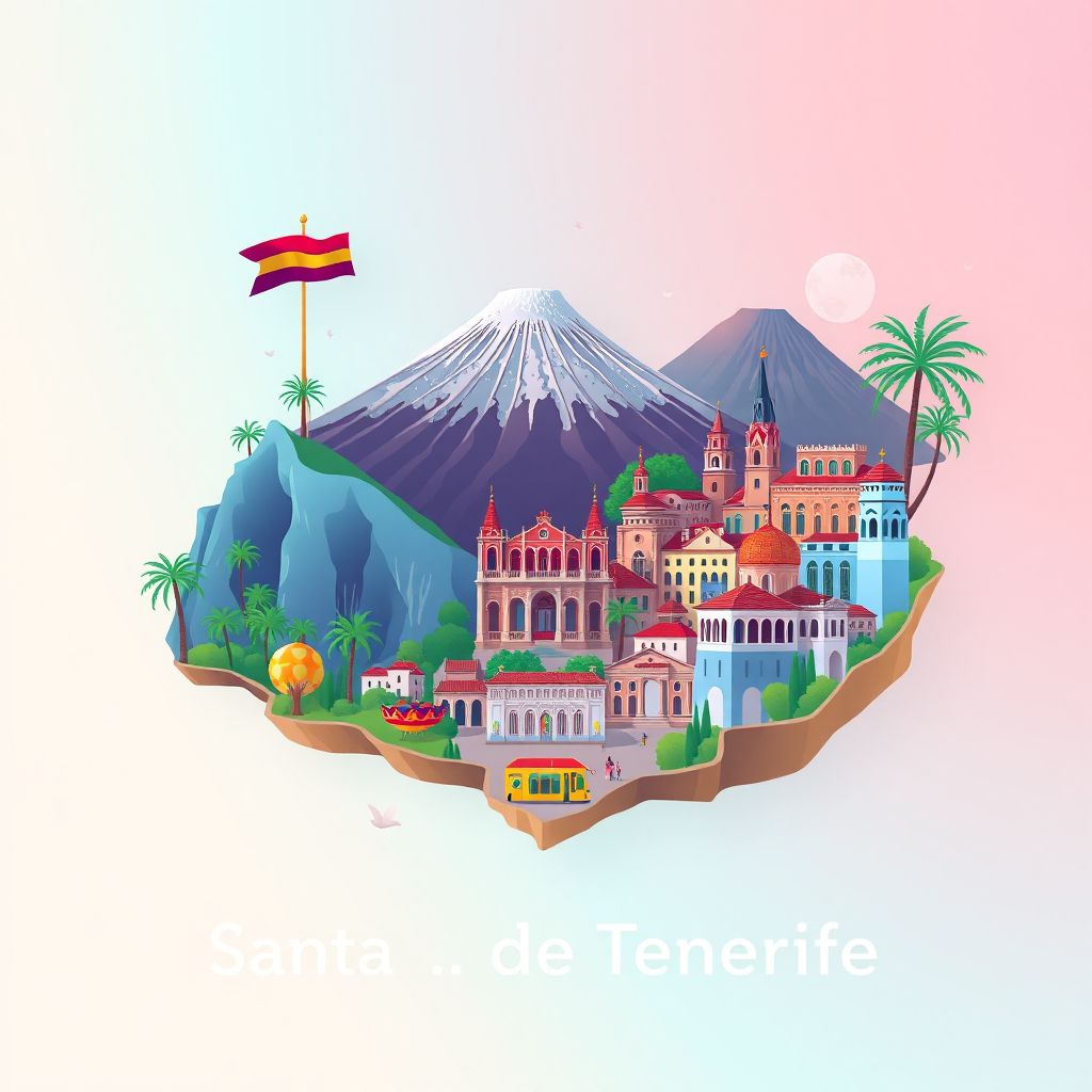 Gradient illustration of Santa Cruz de Tenerife, featuring the Auditorio de Tenerife, Carnival, Teide National Park, and Canarian cuisine.