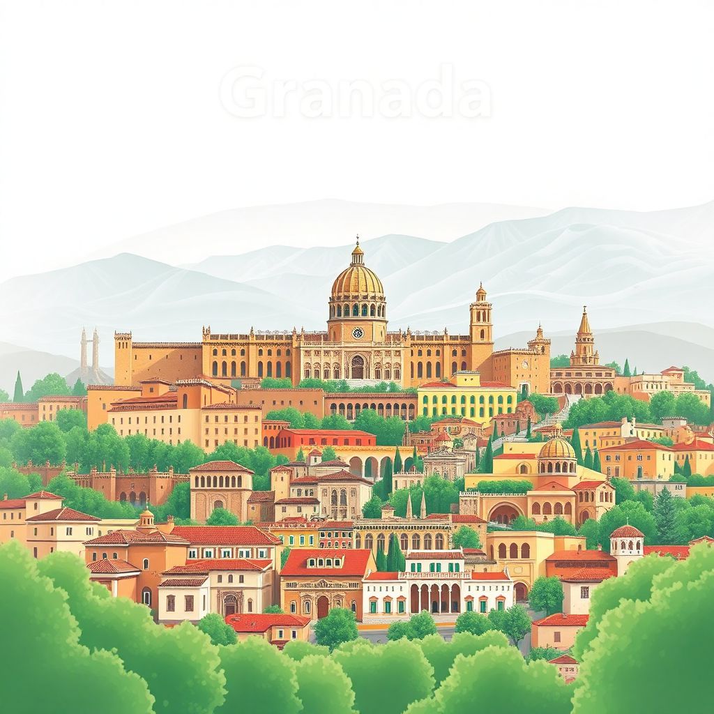 Ultra-high-definition gradient illustration of Granada, featuring the Alhambra, Albayzín neighborhood, and Sierra Nevada mountains.