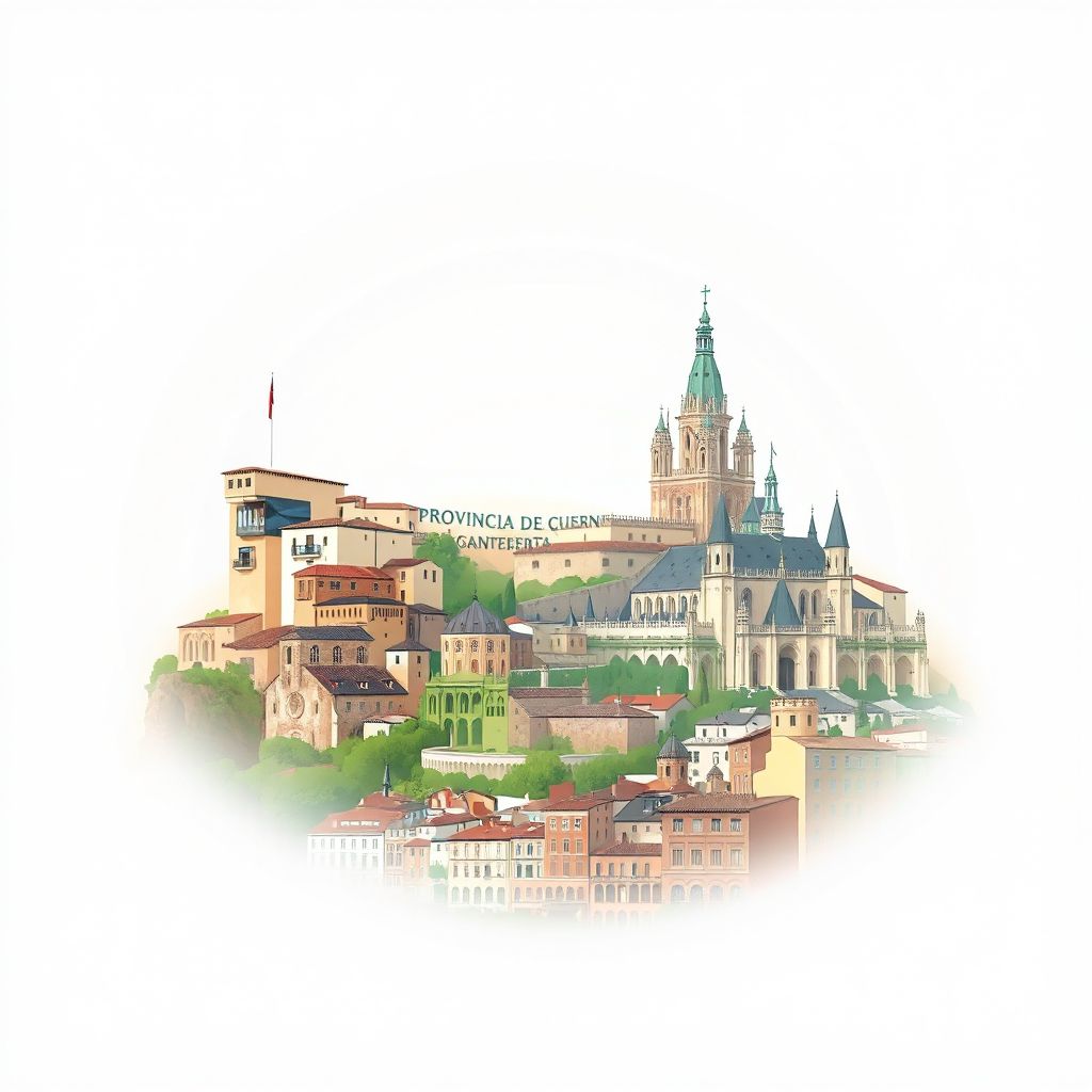Ultra-high-definition gradient illustration of Provincia de Cuenca featuring the Hanging Houses, the Cathedral of Cuenca, and the historic town center.