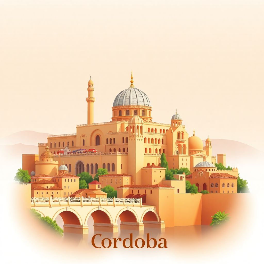 Ultra-high-definition gradient illustration of Cordoba, Andalusia, Spain, featuring the Mosque-Cathedral, Roman Bridge, Flamenco dance, and Salmorejo.