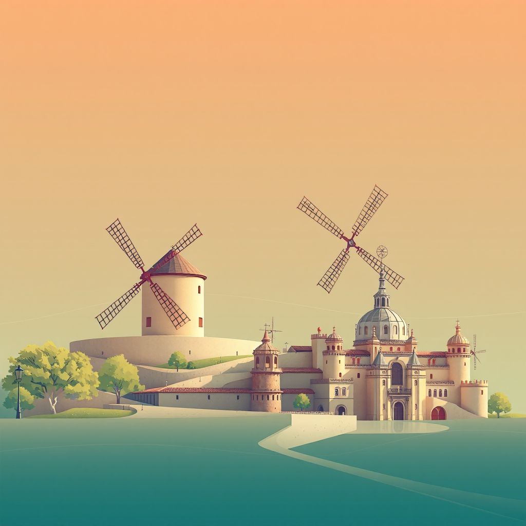 Ultra-high-definition gradient illustration of Provincia de Ciudad Real, featuring the Windmills of Campo de Criptana and historic Almagro.