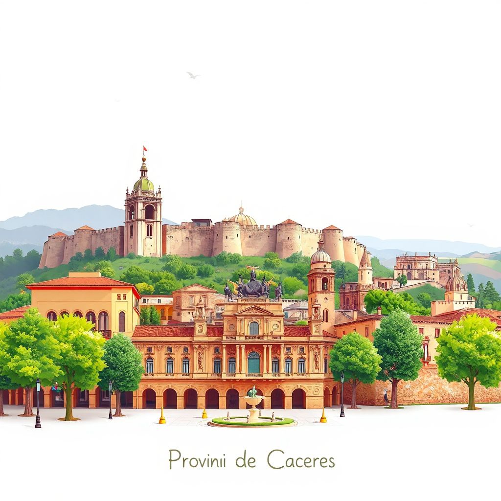 Ultra-high-definition gradient illustration style Provincia de Caceres illustration, showing the unique charm of the Plaza Mayor, historic walls, and Monfrague National Park.