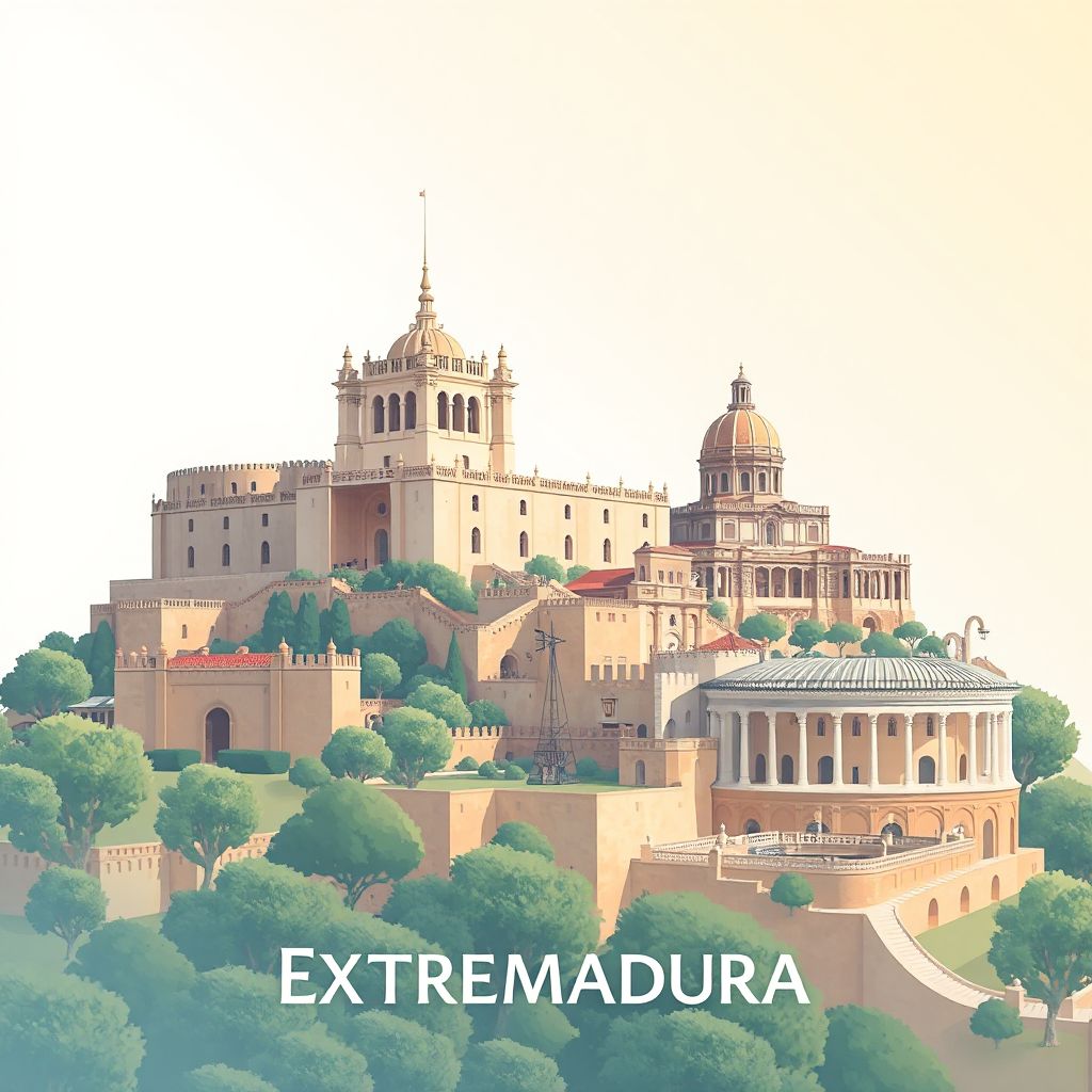 Ultra-high-definition gradient illustration style Extremadura illustration, showcasing the Alcazaba in Badajoz and the Roman Theatre in Mérida.