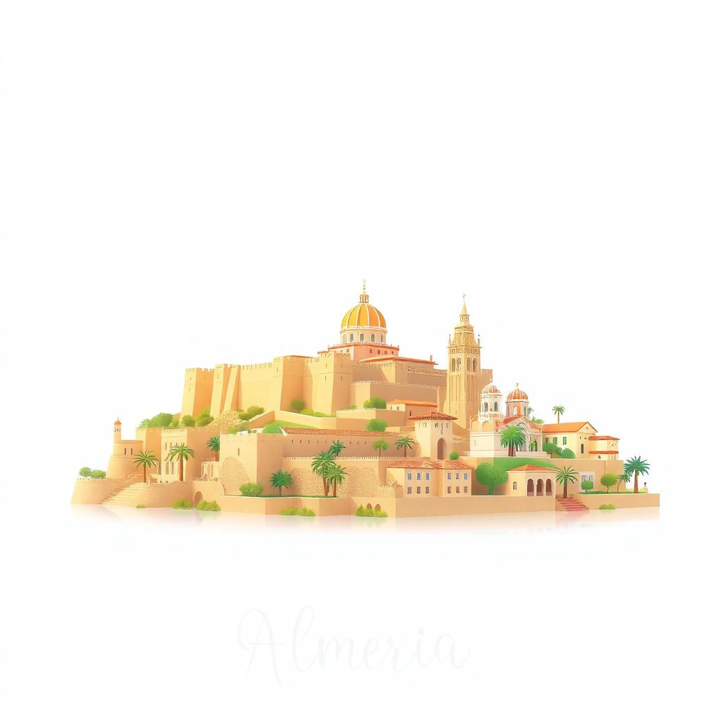 Ultra-high-definition gradient illustration style Almeria illustration, showcasing the unique charm of the Alcazaba fortress and the Cathedral of Almeria.