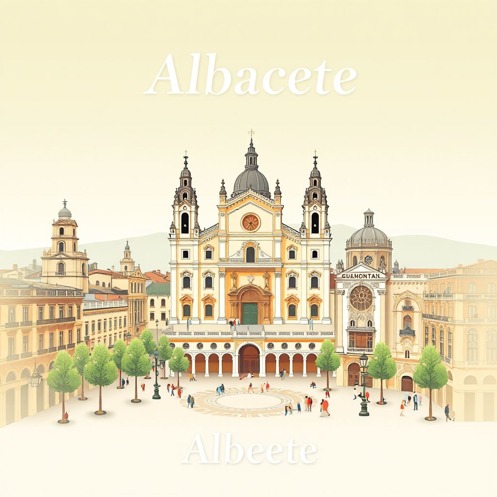 Ultra-high-definition gradient illustration style Albacete illustration, showing the unique charm of the Albacete Cathedral and Plaza Mayor.