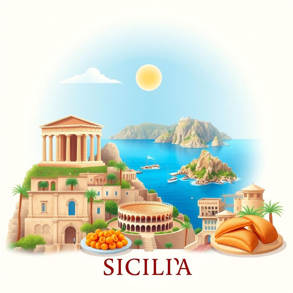 Ultra-high-definition gradient illustration of Sicilia, Sicily, Italy, featuring the Temple of Concordia, ancient Greek theater in Taormina, and Aeolian Islands coastline.