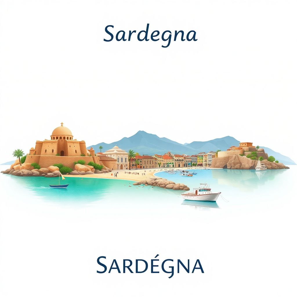 Ultra-high-definition gradient illustration style Sardegna illustration, showing the unique charm of the Nuraghe Su Nuraxi, Costa Smeralda beaches.