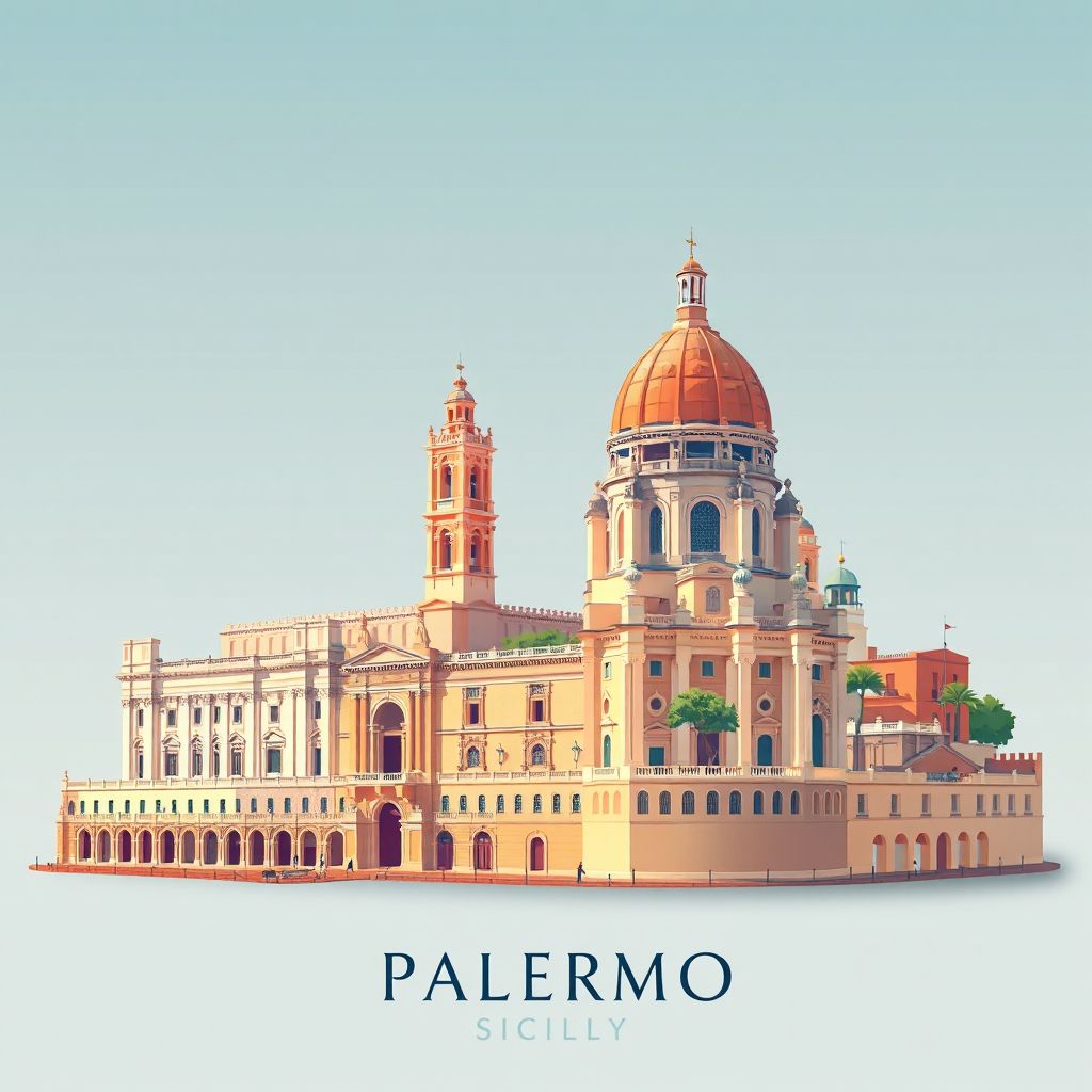 Ultra-high-definition gradient illustration style Palermo illustration, showing the unique charm of the Palazzo dei Normanni and the Cathedral of Palermo.