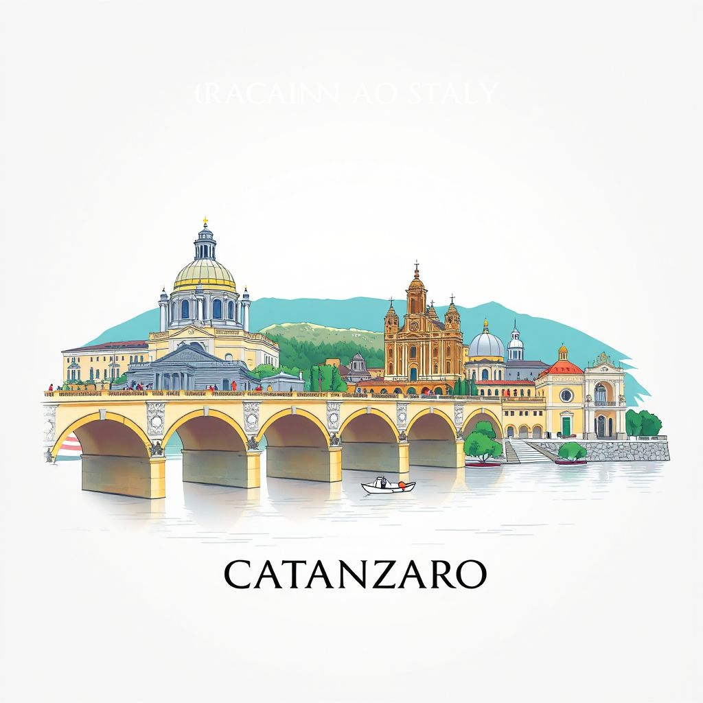 Ultra-high-definition gradient illustration style Catanzaro illustration, showing the unique charm of the Catanzaro Bridge, the Catanzaro Cathedral, and the Regional Museum.