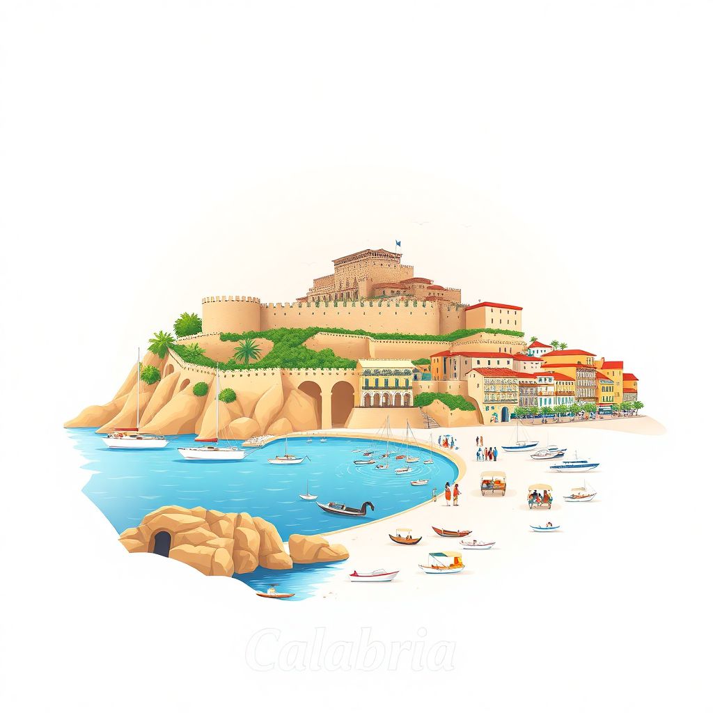 Ultra-high-definition gradient illustration style Calabria illustration, showing the unique charm of the Riace Bronzes, the Castle of Reggio Calabria, and the beaches of Tropea.
