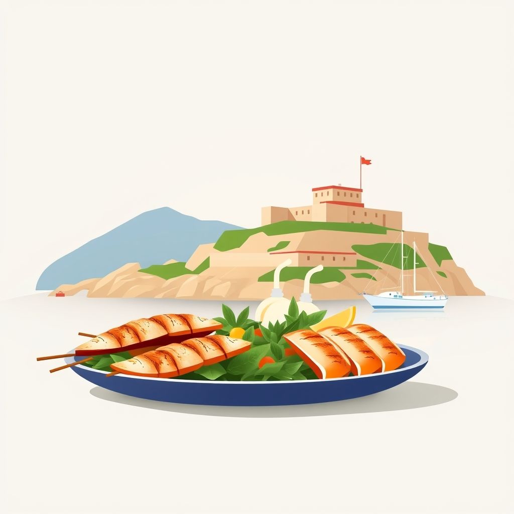 Gradient illustration of Lukovë, Albania, featuring Butrint National Park, Ali Pasha Castle, and local seafood specialties.