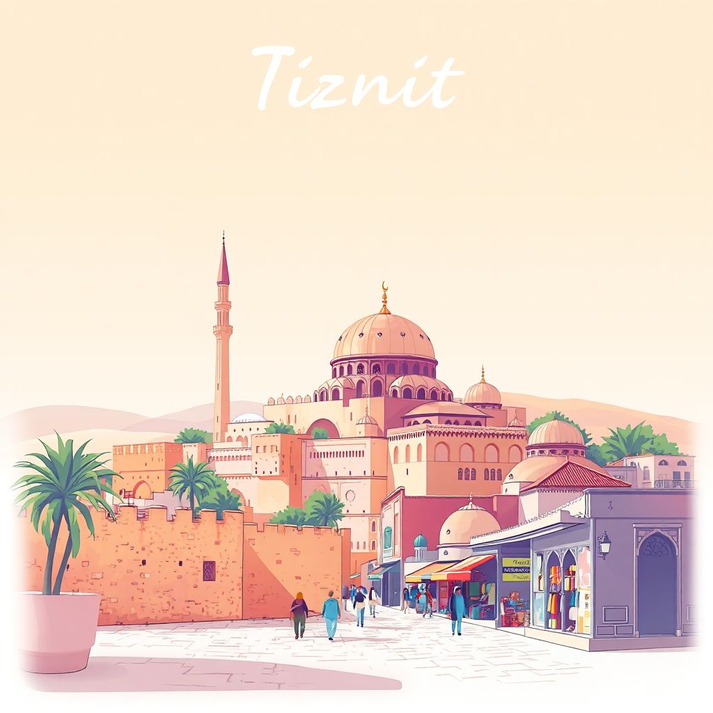 Ultra-high-definition gradient illustration style Tiznit illustration, showing the unique charm of the Tiznit Mosque, ancient walls, and the Tiznit Market.