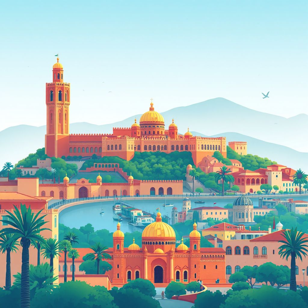 Ultra-high-definition gradient illustration of Tetouan, Morocco, featuring the Royal Palace of Tetouan, the Tetouan Kasbah, and pastilla.