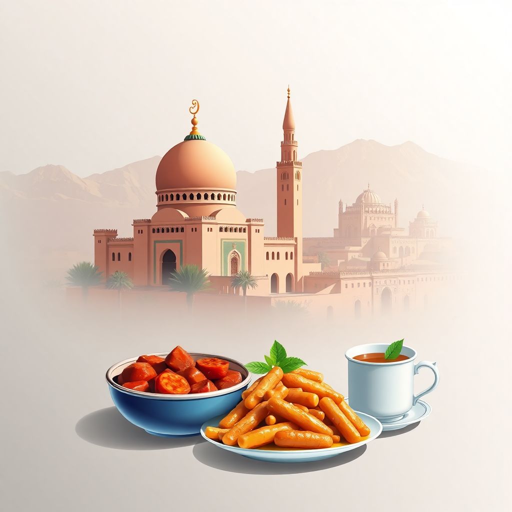 Ultra-high-definition gradient illustration style Moroccan illustration, showing the Koutoubia Mosque and Atlas Mountains