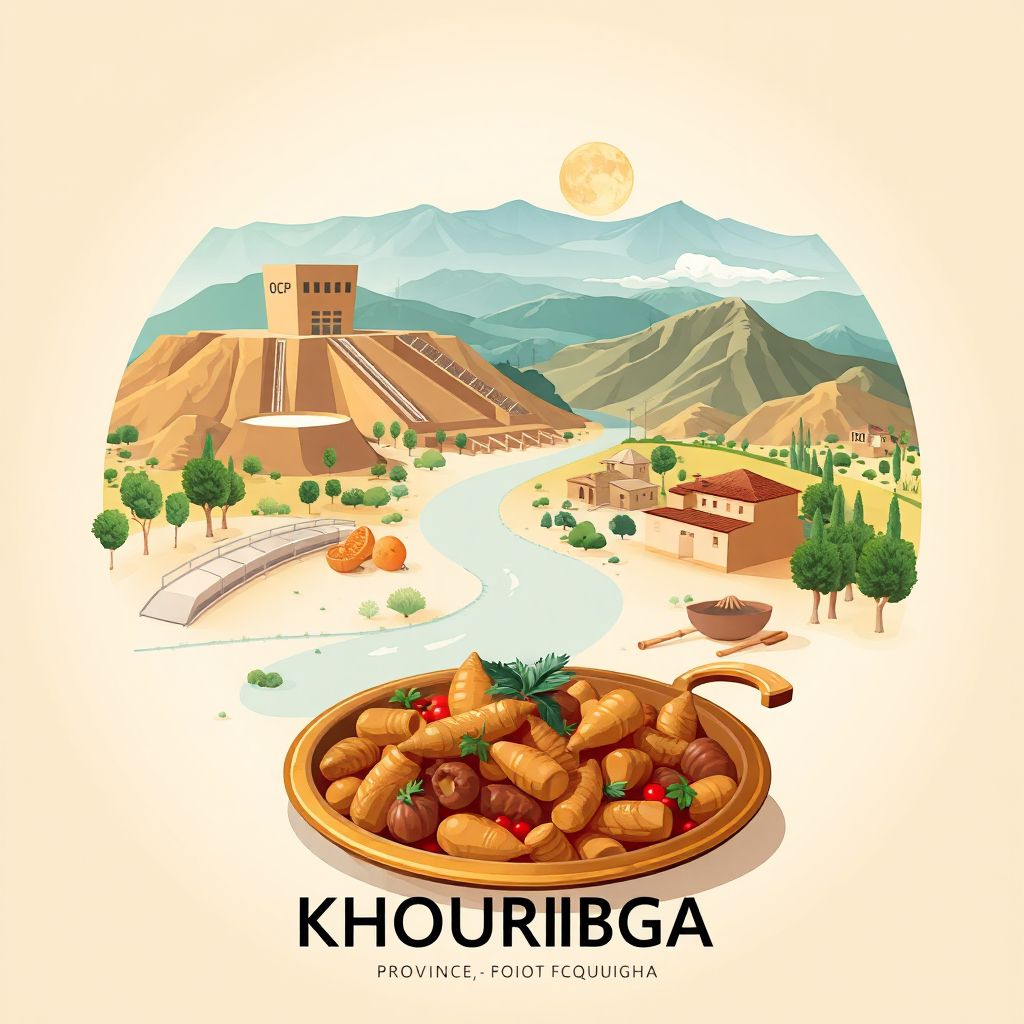 Ultra-high-definition gradient illustration style Khouribga Province illustration, showing the unique charm of the OCP Mine, the beautiful landscapes, and traditional Moroccan tajine.