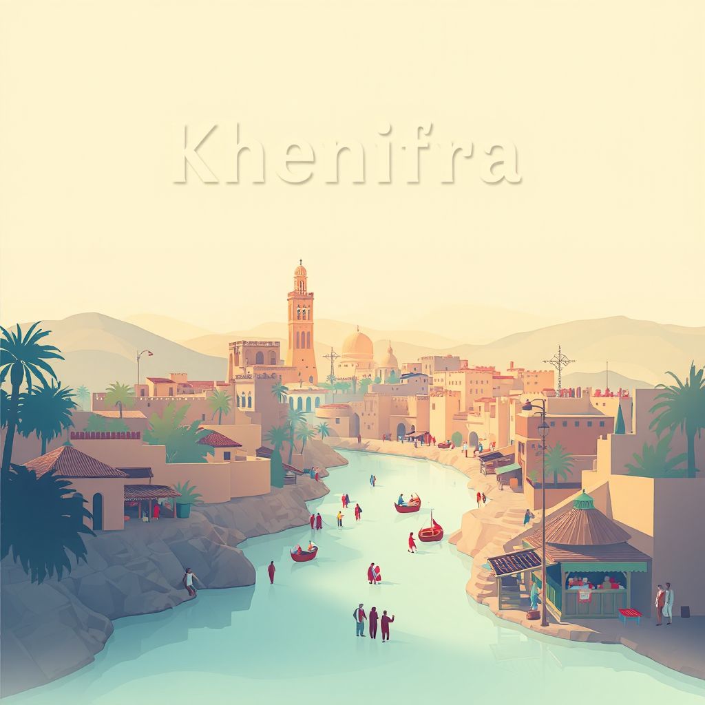 Ultra-high-definition gradient illustration style Khenifra illustration, showcasing the Oum Er-Rbia river, ancient Kasbah, and local markets.