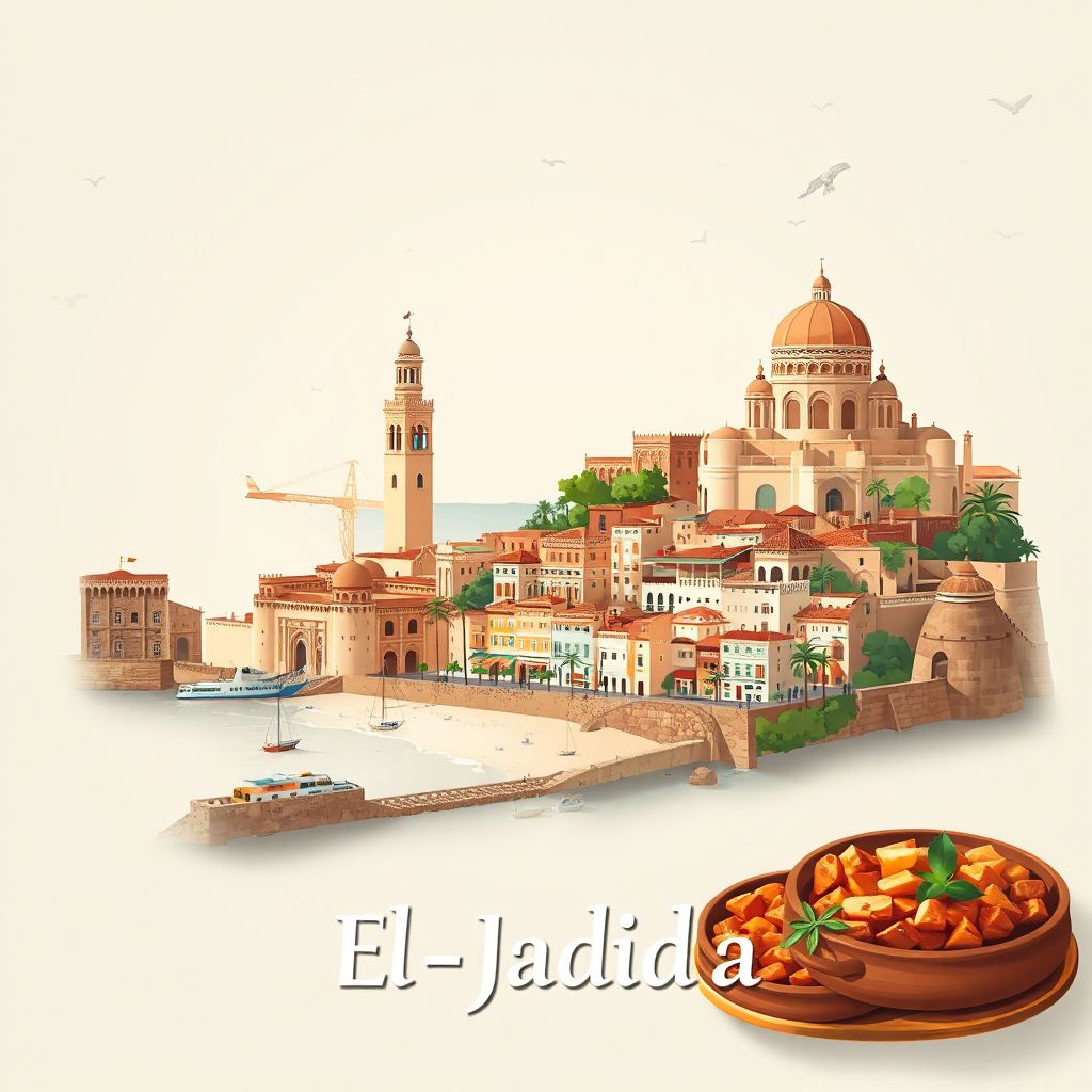 Ultra-high-definition gradient illustration style El-Jadida artwork, featuring the Portuguese Cistern, the Old Medina, and the Atlantic coastline.