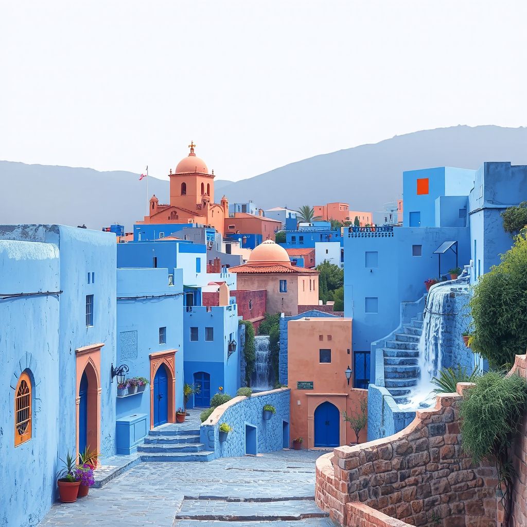 Ultra-high-definition gradient illustration of Chefchaouen, Morocco, featuring blue-painted streets, Kasbah Museum, and Ras El Ma waterfall.