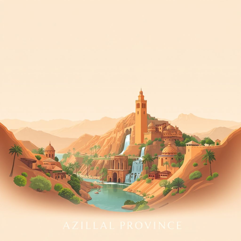 Ultra-high-definition gradient illustration style Azilal Province illustration, showing the unique charm of the Cascades d'Ouzoud and the Tassa Ouirgane Lake.