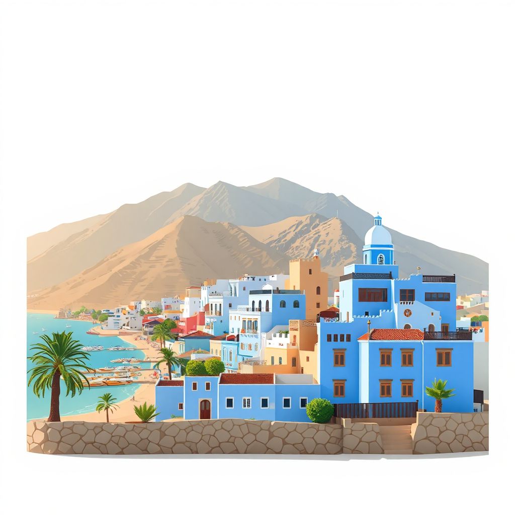 Ultra-high-definition gradient illustration of Al-Hoceima, featuring the Rif Mountains, Mediterranean coastline, and traditional blue-painted buildings.