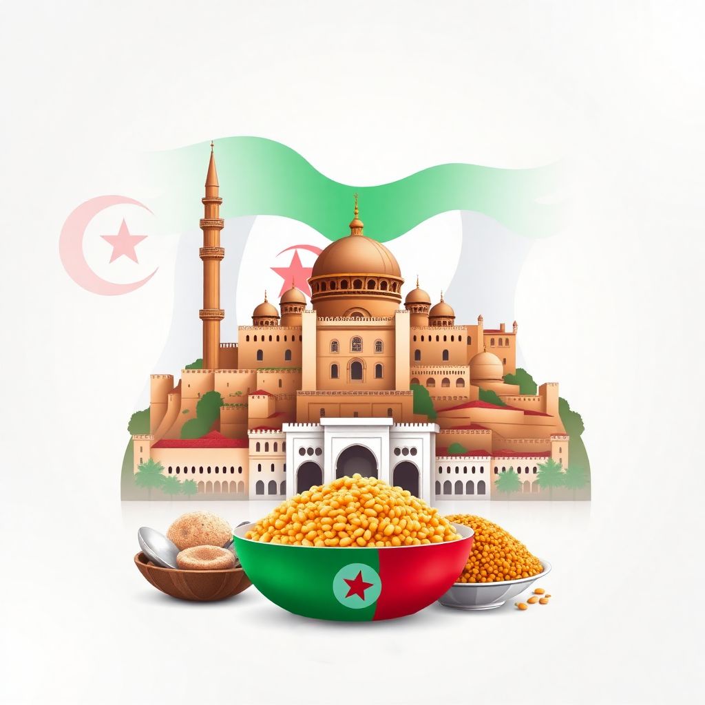 Ultra-high-definition gradient illustrations in Algerian style, featuring the Kasbah of Algiers and the Great Mosque