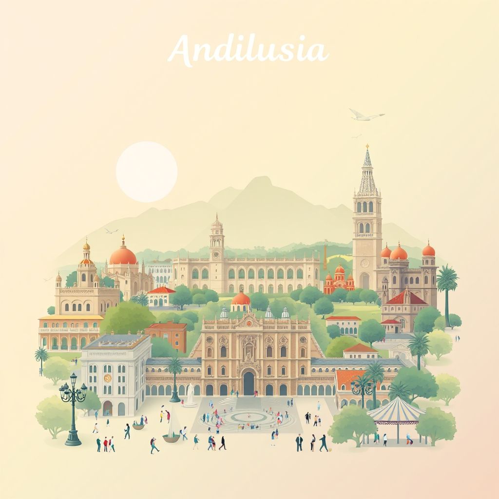 Ultra-high-definition gradient illustration style Andalusia illustration, showing the unique charm of the Alhambra, Seville Cathedral, and Plaza de Espana.