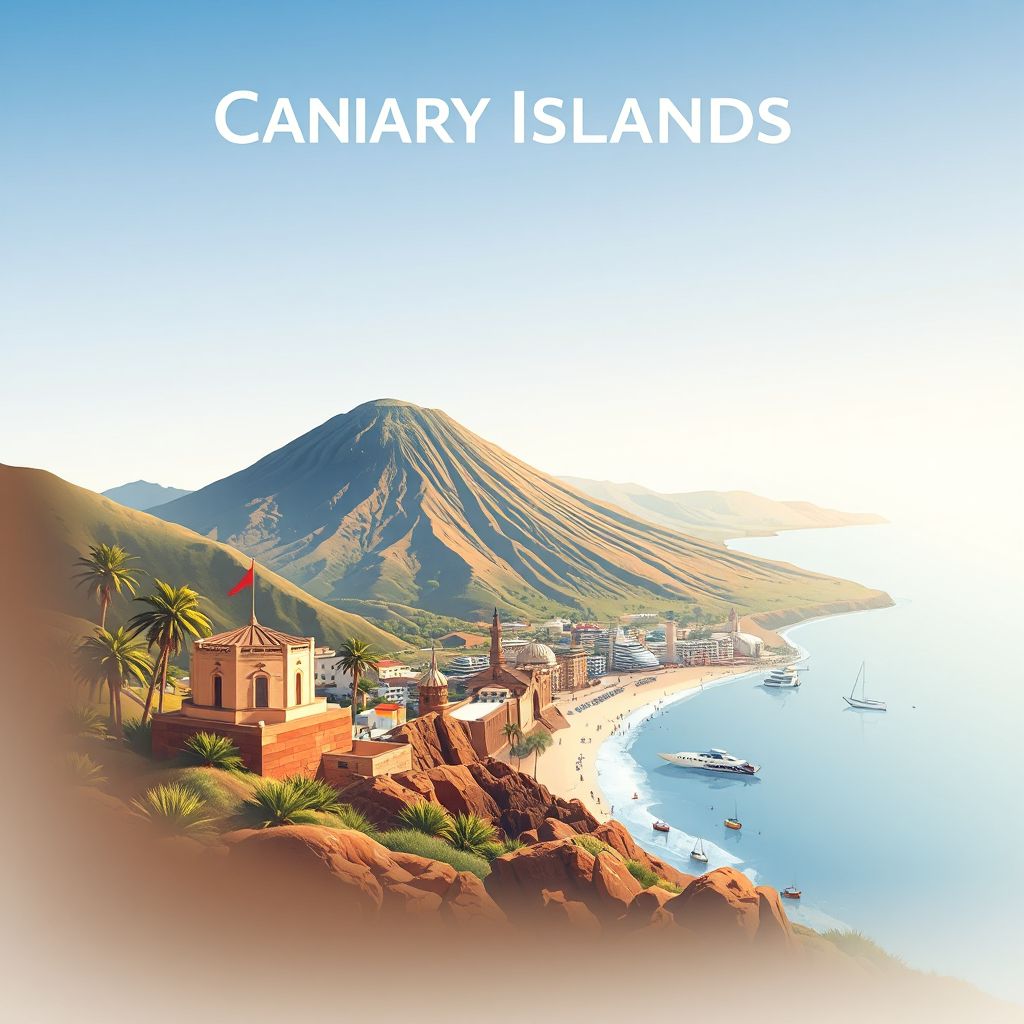 Ultra-high-definition gradient illustration style Canary Islands illustration, showing the unique charm of Teide National Park and the beaches of Tenerife.