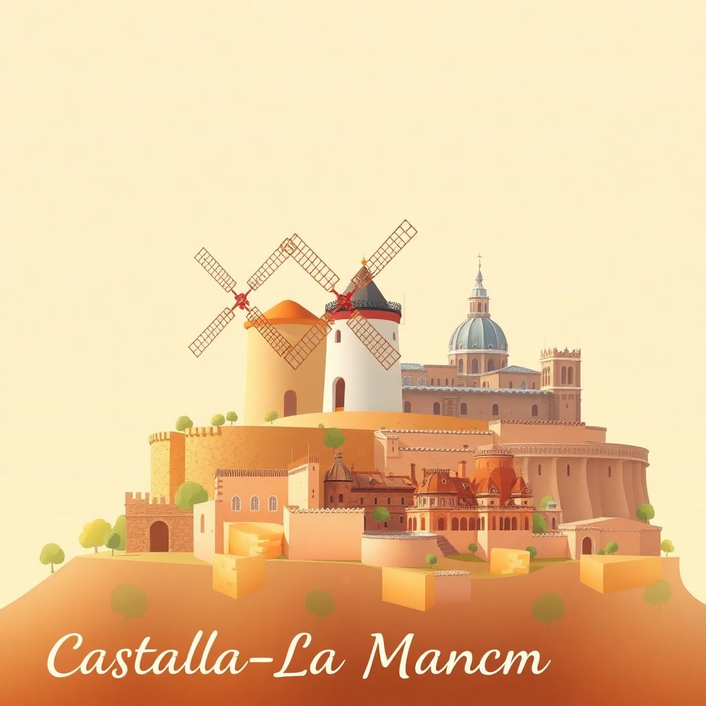 Ultra-high-definition gradient illustration style Castilla-La Mancha illustration, showing the unique charm of the Windmills of Consuegra, the historic city of Toledo, and Manchego cheese.