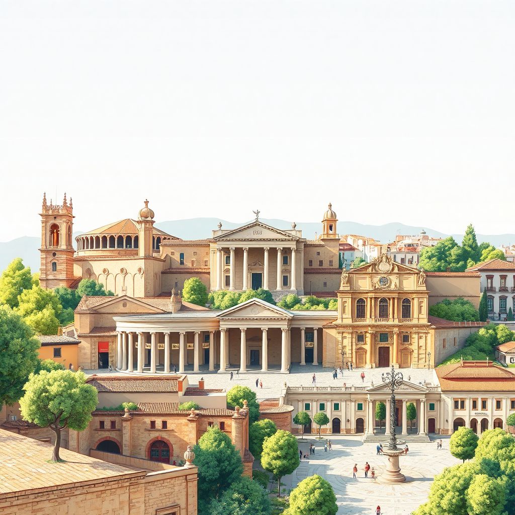 Ultra-high-definition gradient illustration style Extremadura illustration, showing the unique charm of the Roman Theatre of Mérida and the Plaza Mayor of Cáceres.