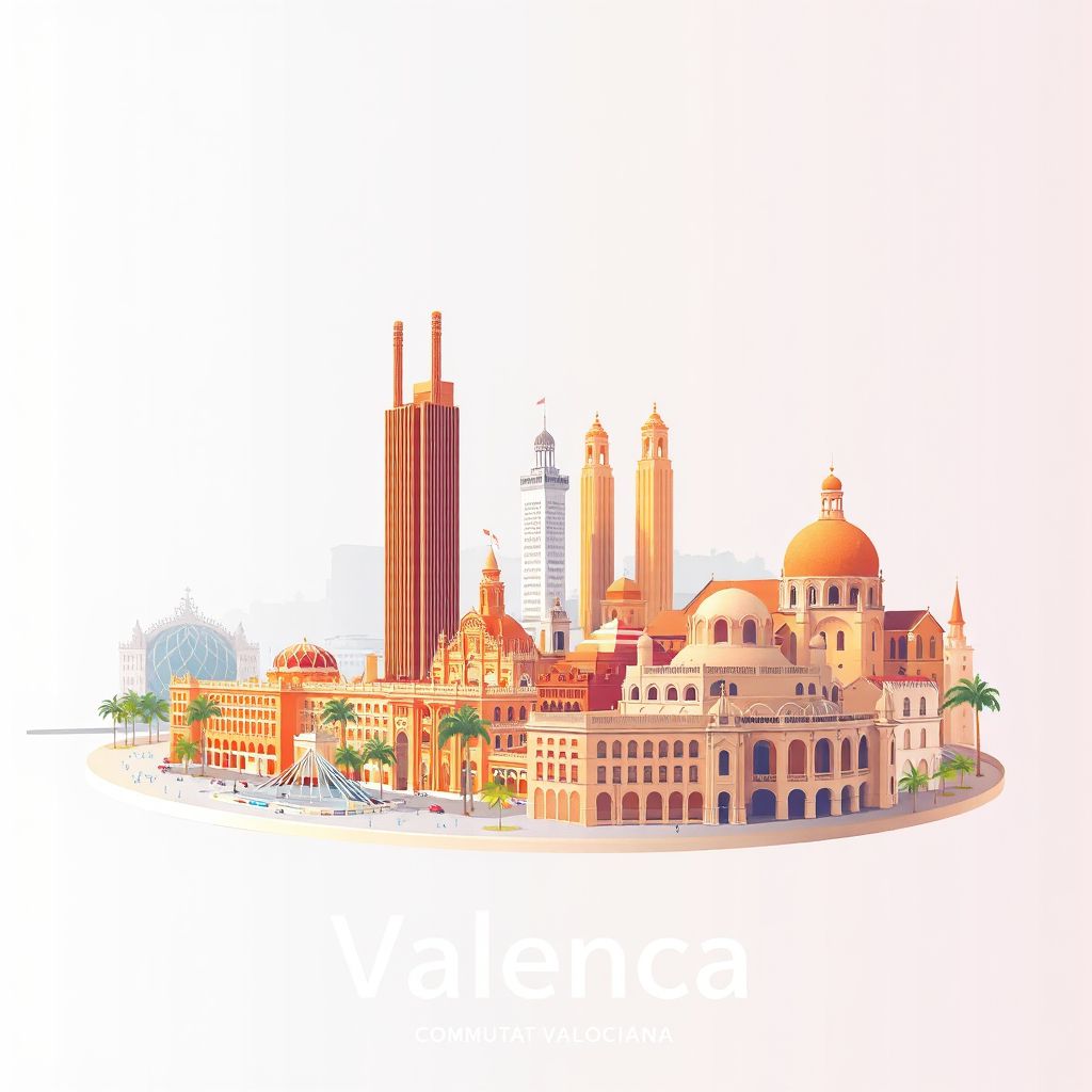 Ultra-high-definition gradient illustration style Valencia, Comunitat Valenciana, Spain, featuring the City of Arts and Sciences, the Serranos Towers, and the Llotja de la Seda.