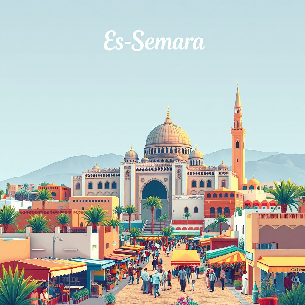 Ultra-high-definition gradient illustration of Es-Semara, featuring the Great Mosque and local markets, highlighting cultural heritage.