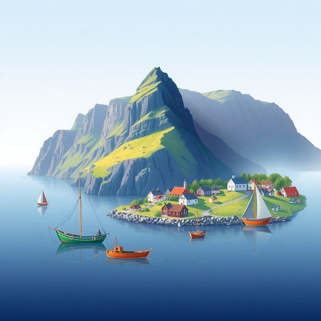 Ultra-high-definition gradient illustration of Suduroyar sysla, featuring the Beinisvord Cliffs, Famjin village, and traditional Faroese boats.