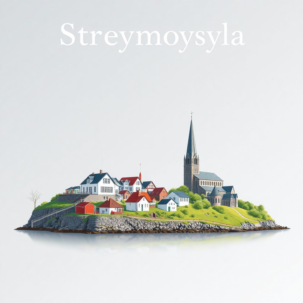 Ultra-high-definition gradient illustration of Streymoyar Sysla, Streymoy, Faroe Islands, featuring Tjornuvik village and Kirkjubour Cathedral.