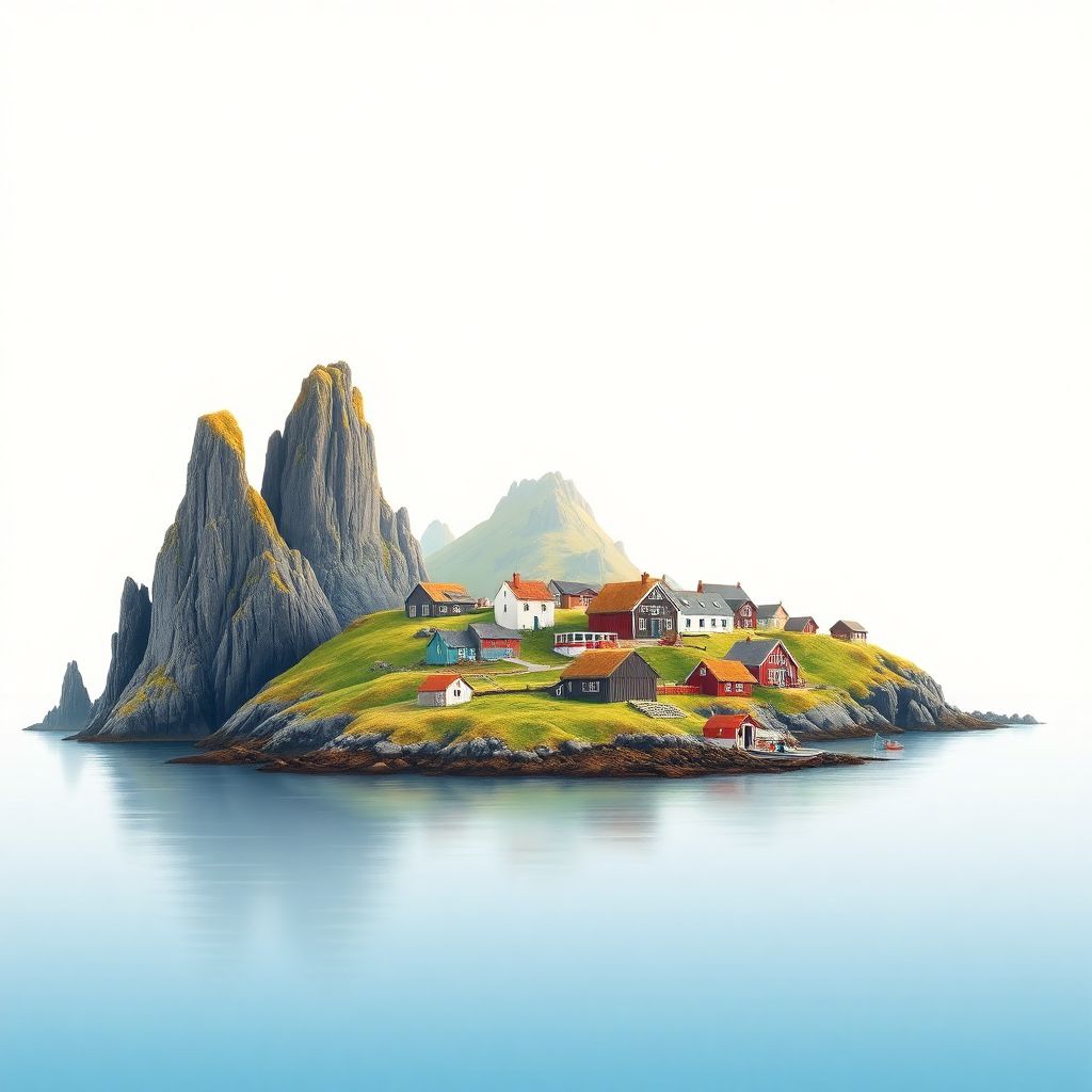 Ultra-high-definition gradient illustration of Nordoyar sysla, Nordoyar, Faroe Islands, featuring Risin og Kellingin sea stacks, traditional grass-roofed houses, and Klaksvik village.