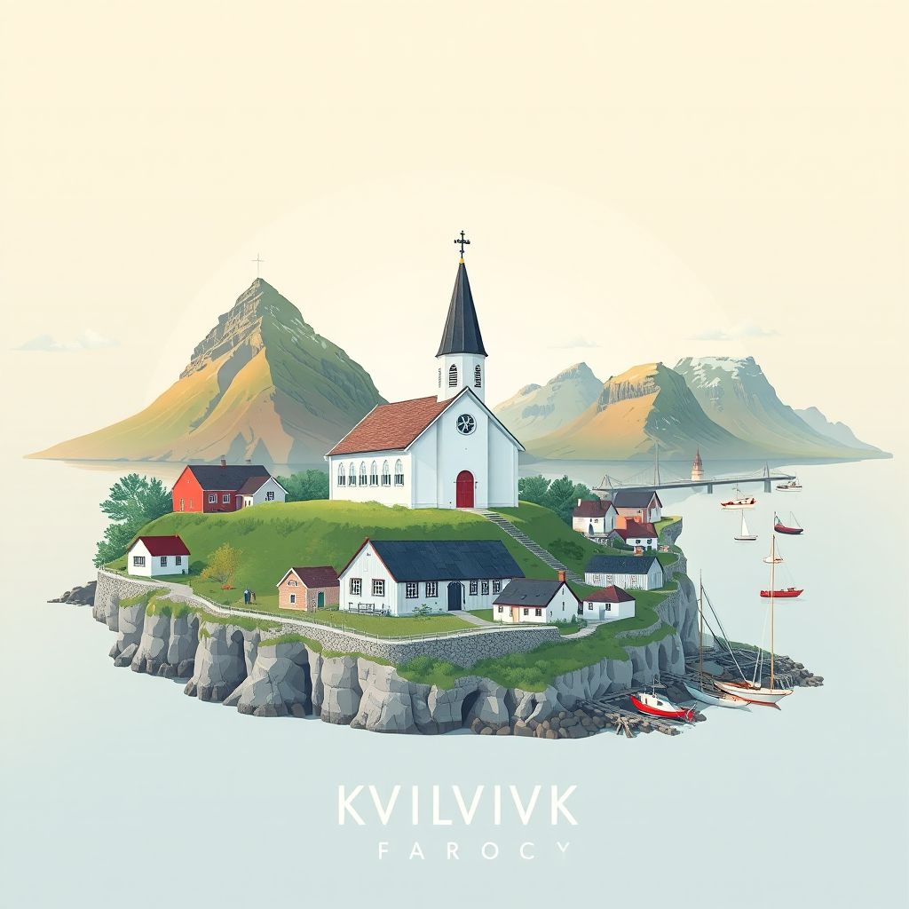 Ultra-high-definition gradient illustration style artwork of Kvivik, Streymoy, Faroe Islands, featuring the Kvivik Church and scenic landscapes.