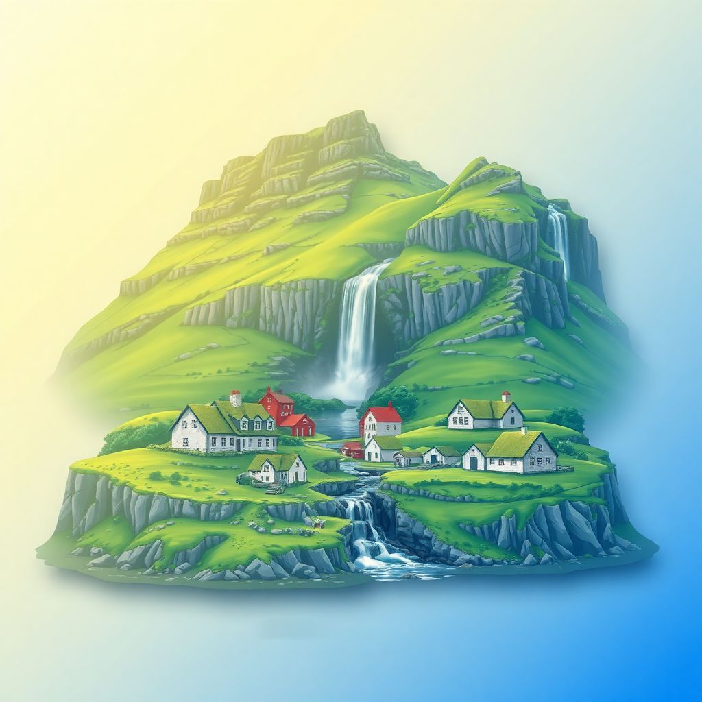 Ultra-high-definition gradient illustrations of the Faroe Islands, featuring Gásadalur village and Múlafossur waterfall