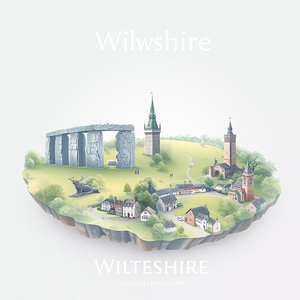Ultra-high-definition gradient illustration of Wiltshire, England, United Kingdom featuring Stonehenge, Avebury Stone Circle, and Lacock village.